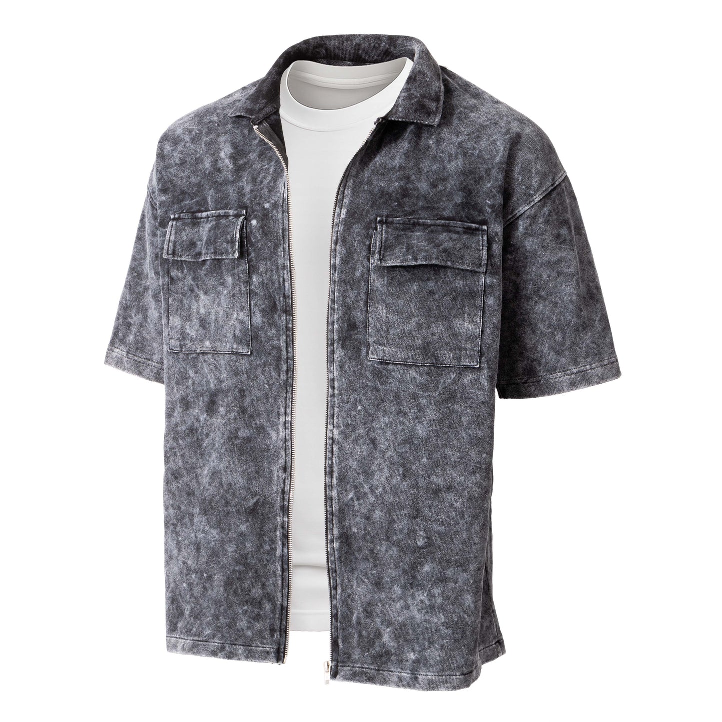 Acidwashed Drop Shoulder Zipper Jacket with Pockets