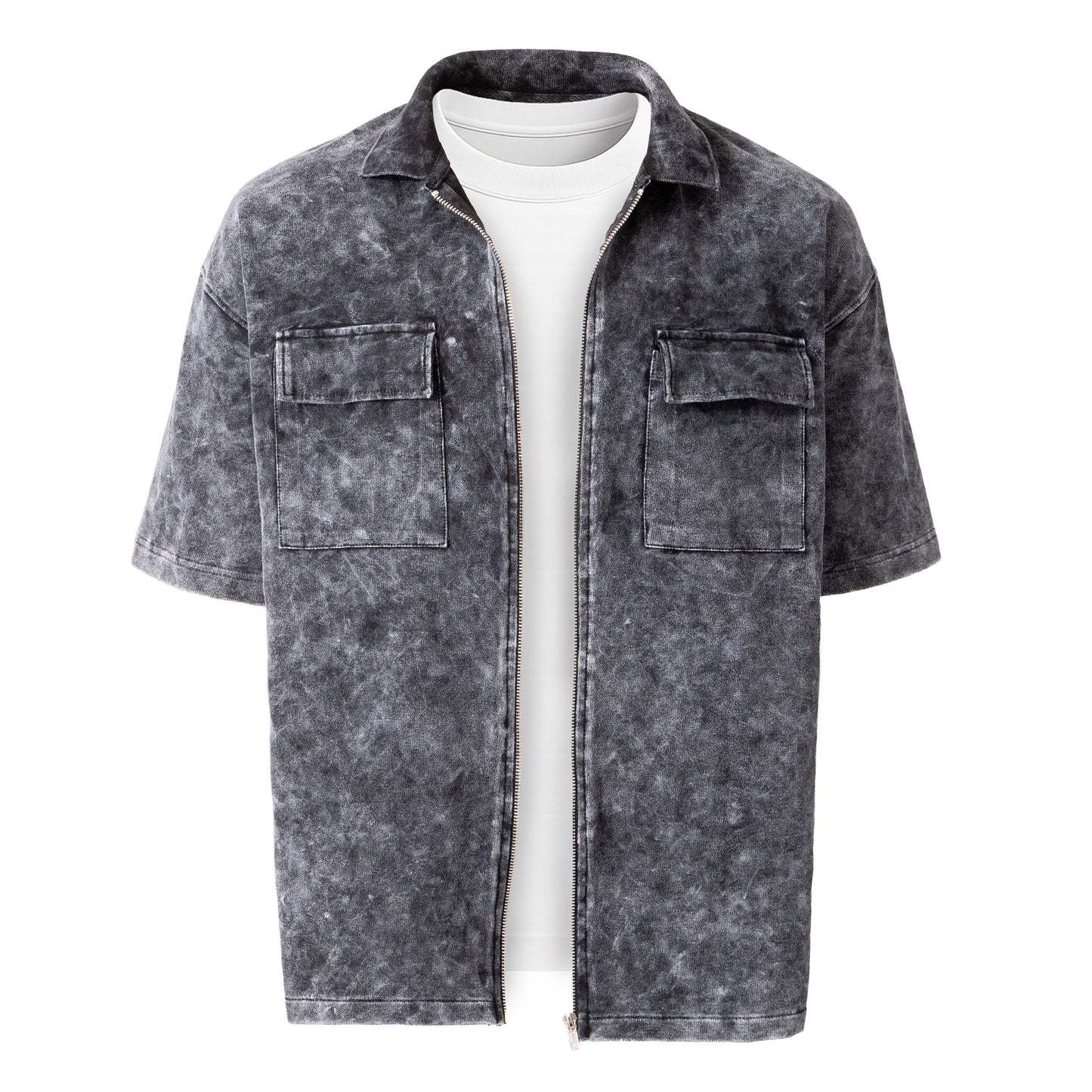 Acidwashed Drop Shoulder Zipper Jacket with Pockets
